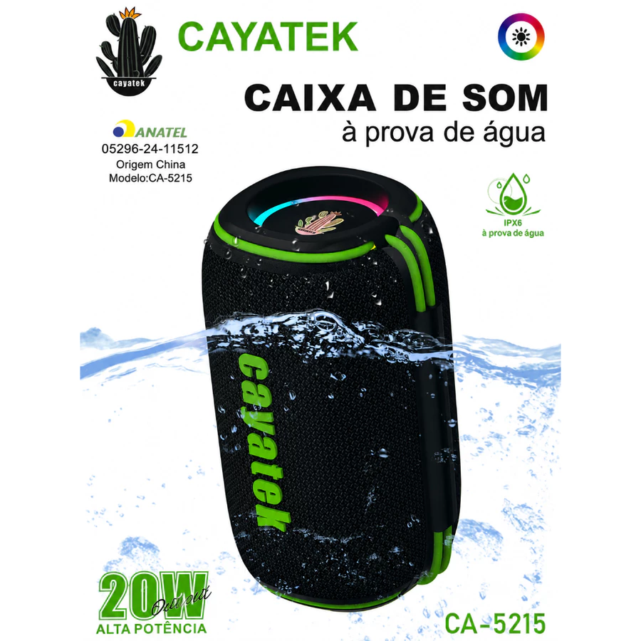 Caixa de Som Bluetooth Cayatek CA-5215 20W IPX6 Resistente à Água